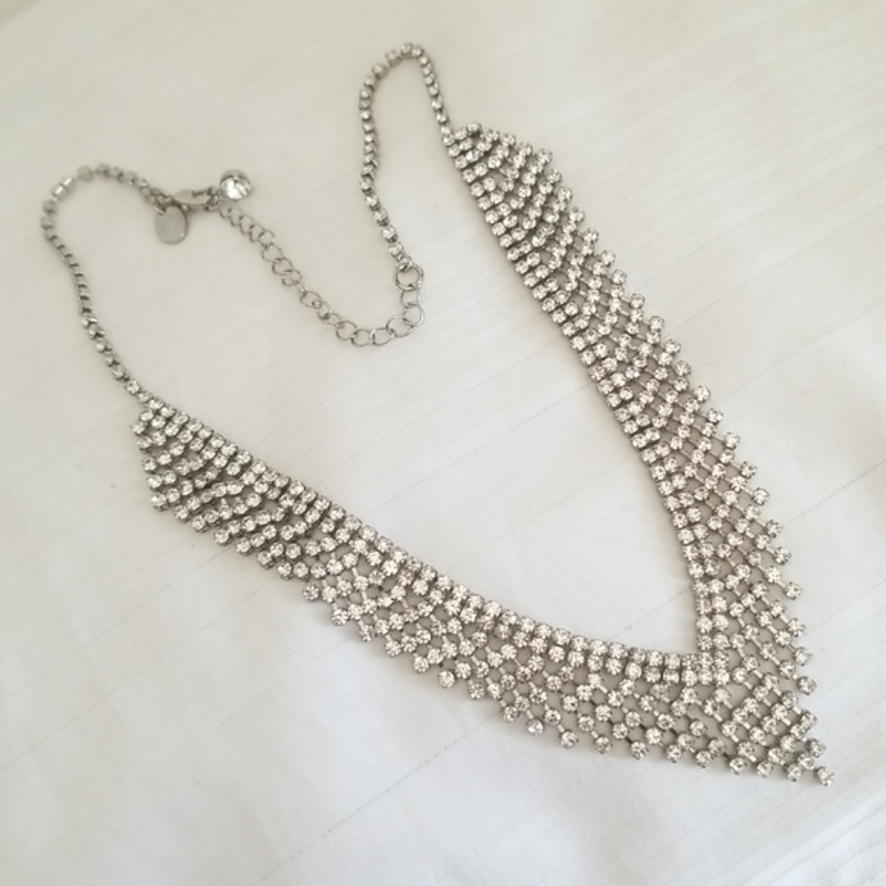 Silver Rhinestone V Statement Necklace - Picture 2 of 4